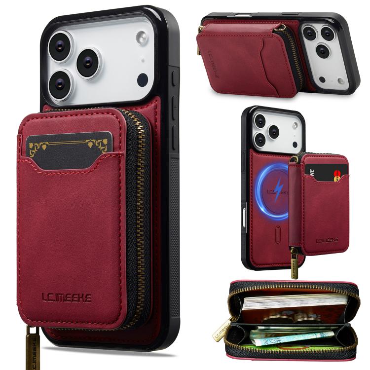 For iPhone 17 Pro LC.IMEEKE L6 Series Zipper Card Bag MagSafe Magnetic Phone Case(Red)