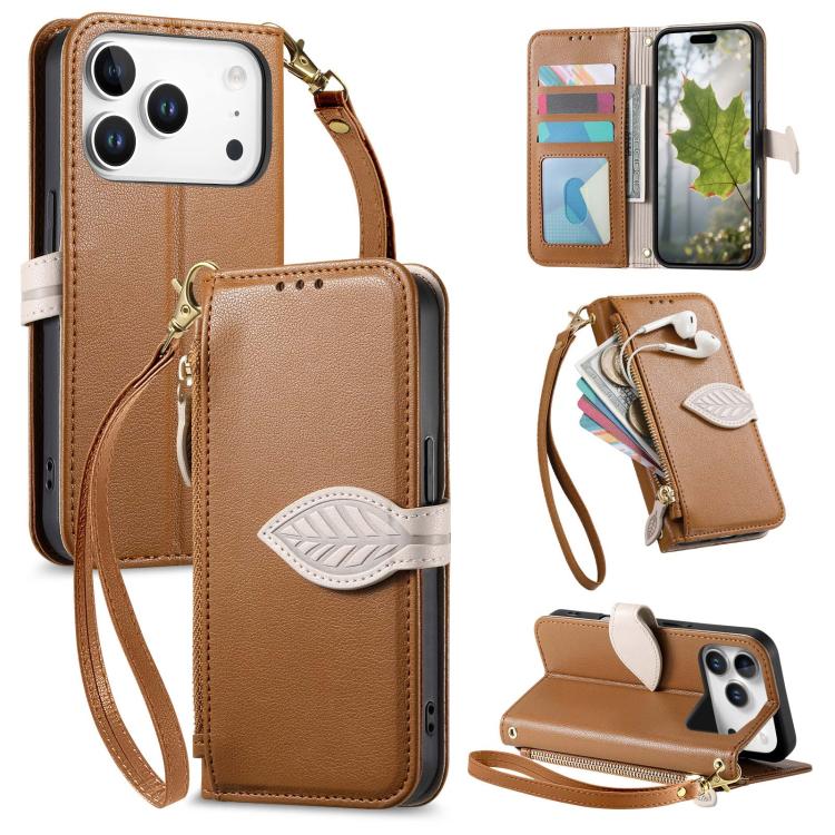For iPhone 17 Pro Leaf Buckle Zipper Wallet Leather Phone Case with Strap(Brown)