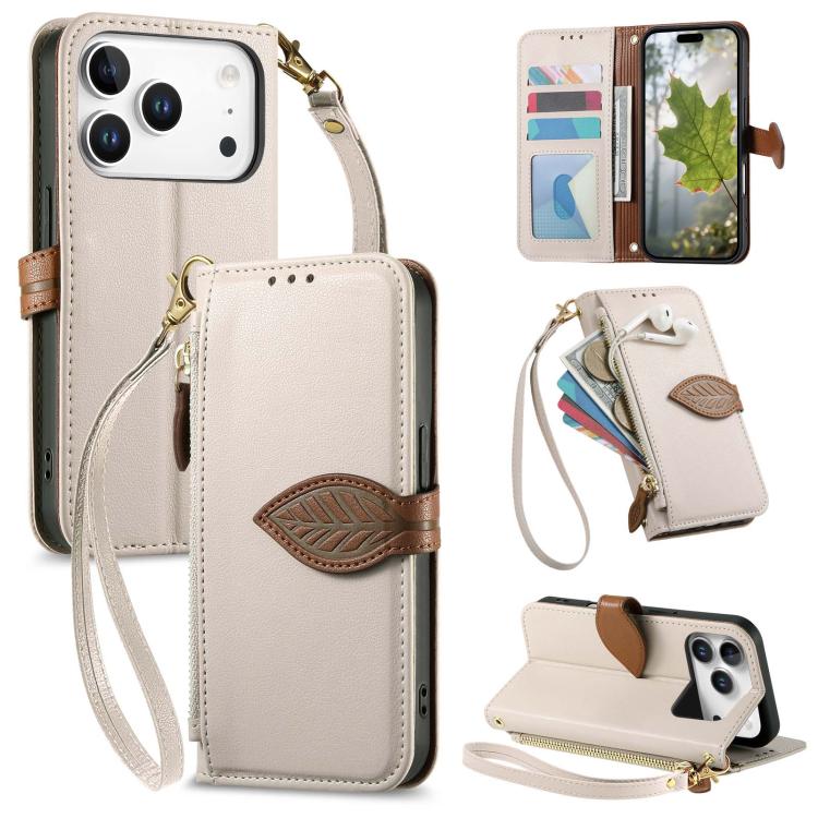 For iPhone 17 Pro Leaf Buckle Zipper Wallet Leather Phone Case with Strap(off-white)