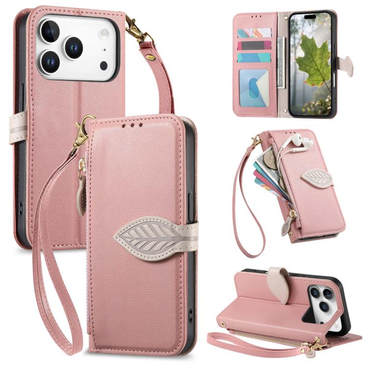 For iPhone 17 Pro Leaf Buckle Zipper Wallet Leather Phone Case with Strap(Pink)