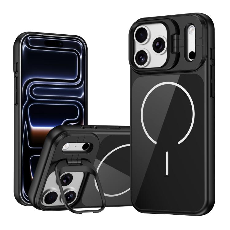 For iPhone 17 Pro Lens Frame Stand Glass Thin Circle Magnetic Phone Case(Black)