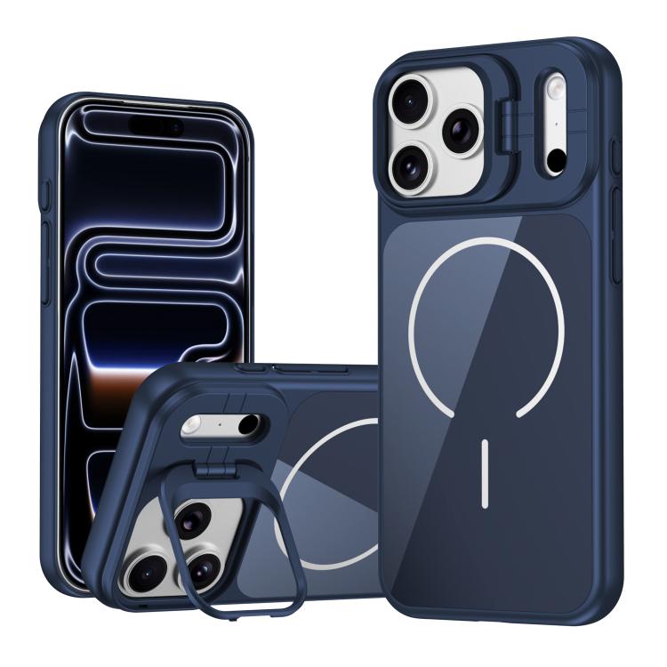For iPhone 17 Pro Lens Frame Stand Glass Thin Circle Magnetic Phone Case(Blue)
