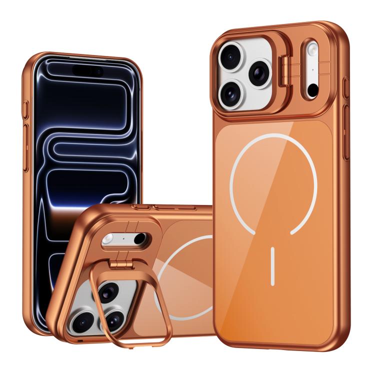 For iPhone 17 Pro Lens Frame Stand Glass Thin Circle Magnetic Phone Case(Orange)