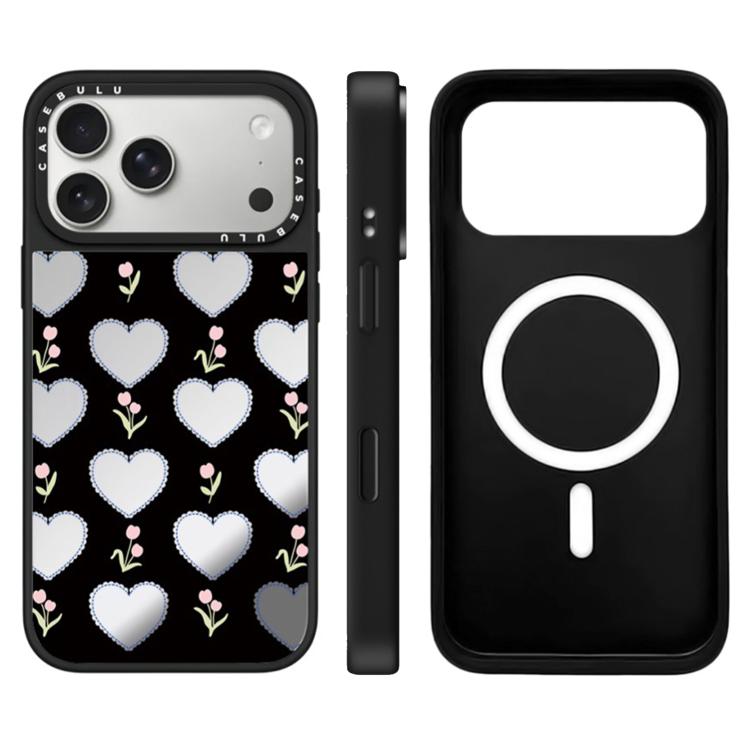 For iPhone 17 Pro Leopard Cherry Series Pattern Camera Control Button Mirror Magnetic Phone Case(Hearts Flower)