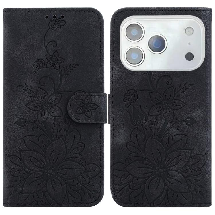 For iPhone 17 Pro Lily Embossed Leather Phone Case(Black)