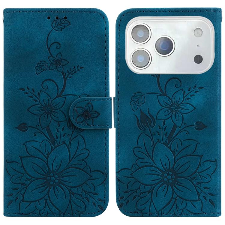 For iPhone 17 Pro Lily Embossed Leather Phone Case(Dark Blue)
