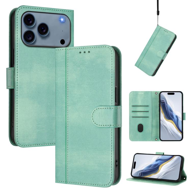 For iPhone 17 Pro Line Splicing Buckle Retro Leather Phone Case(Mint Green)