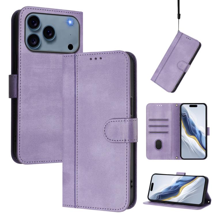 For iPhone 17 Pro Line Splicing Buckle Retro Leather Phone Case(Purple)