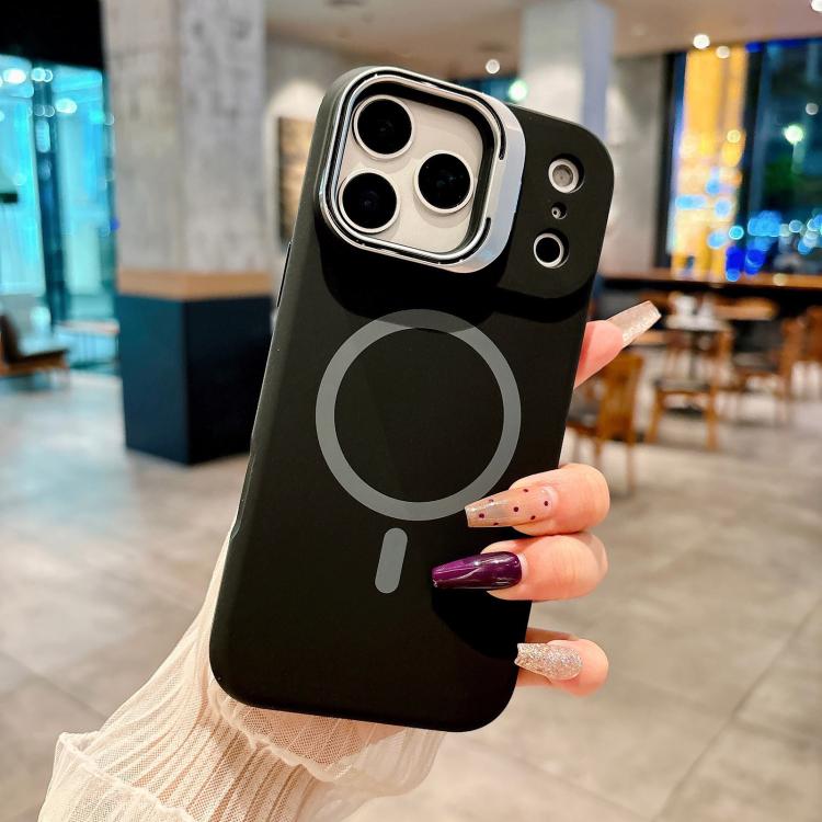 For iPhone 17 Pro Liquid Silicone Magnetic Phone Case with Lens Frame Holder(Black)