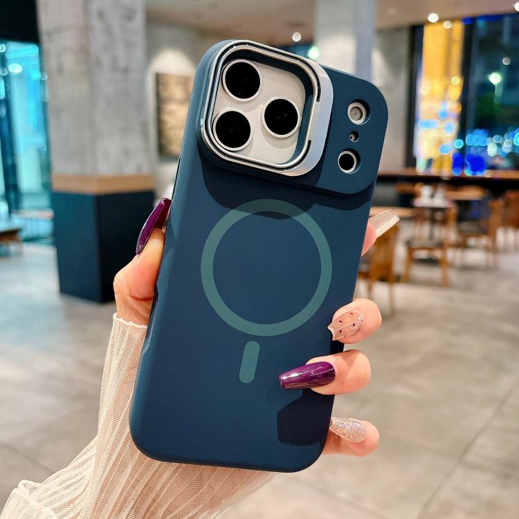 For iPhone 17 Pro Liquid Silicone Magnetic Phone Case with Lens Frame Holder(Dark Blue)