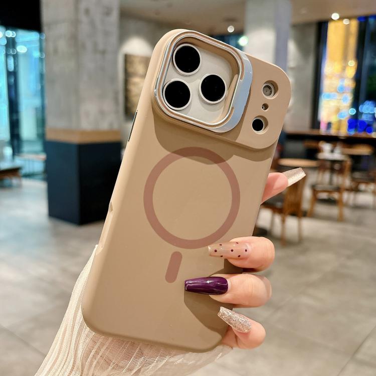 For iPhone 17 Pro Liquid Silicone Magnetic Phone Case with Lens Frame Holder(Desert Gold)