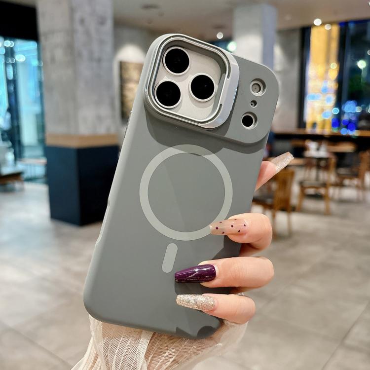 For iPhone 17 Pro Liquid Silicone Magnetic Phone Case with Lens Frame Holder(Grey)