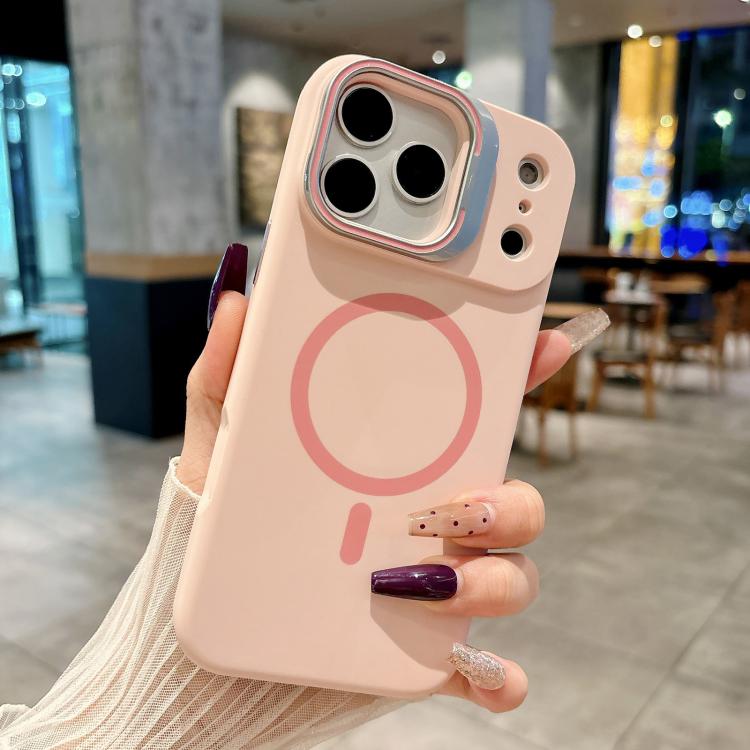 For iPhone 17 Pro Liquid Silicone Magnetic Phone Case with Lens Frame Holder(Pink)
