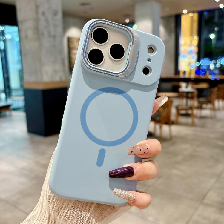 For iPhone 17 Pro Liquid Silicone Magnetic Phone Case with Lens Frame Holder(Sky Blue)