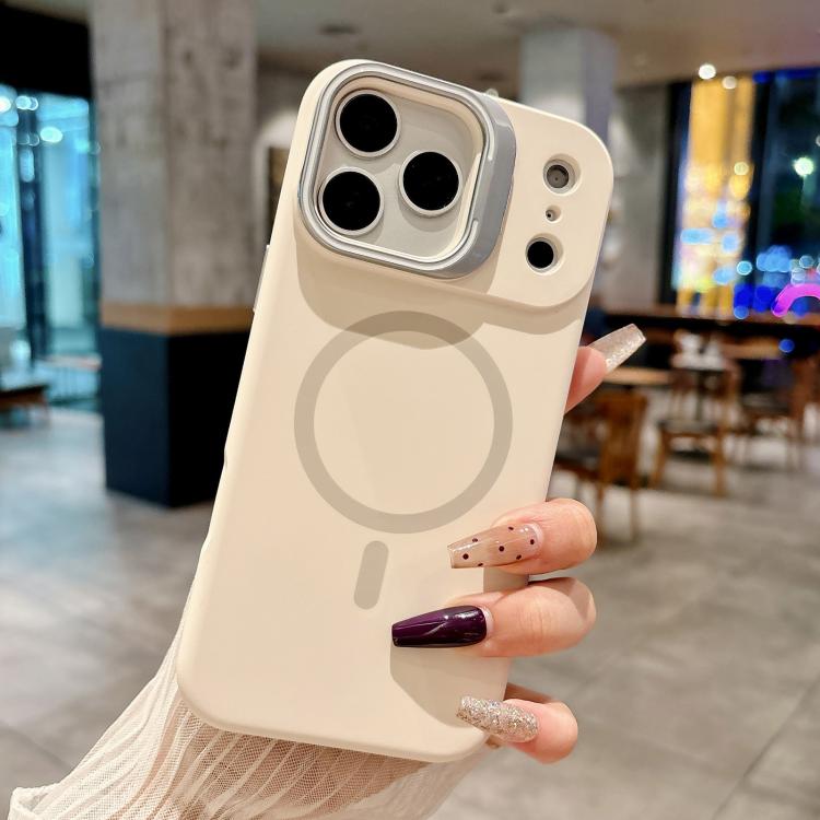 For iPhone 17 Pro Liquid Silicone Magnetic Phone Case with Lens Frame Holder(White)