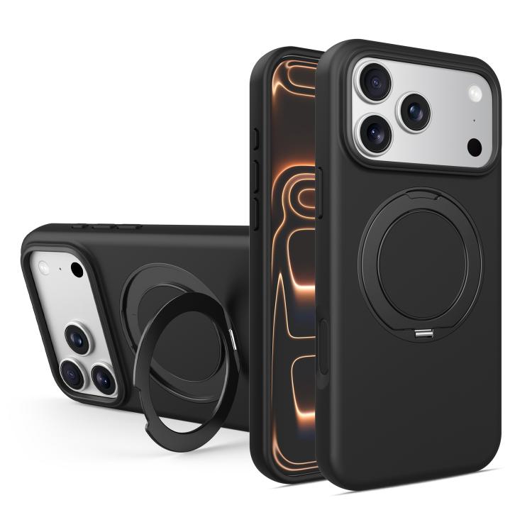 For iPhone 17 Pro Liquid Silicone Magnetic Phone Case with Rotating Stand(Black)
