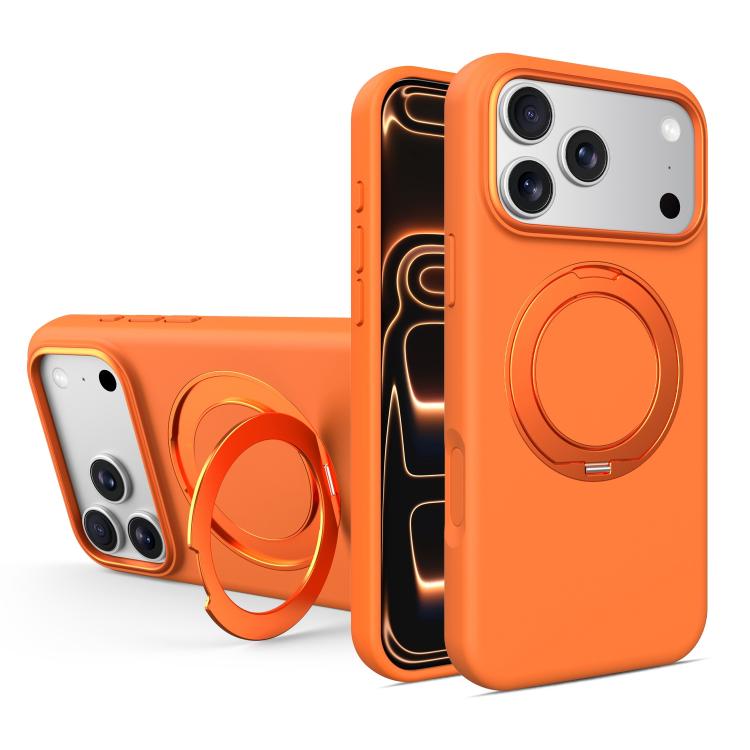 For iPhone 17 Pro Liquid Silicone Magnetic Phone Case with Rotating Stand(Orange)