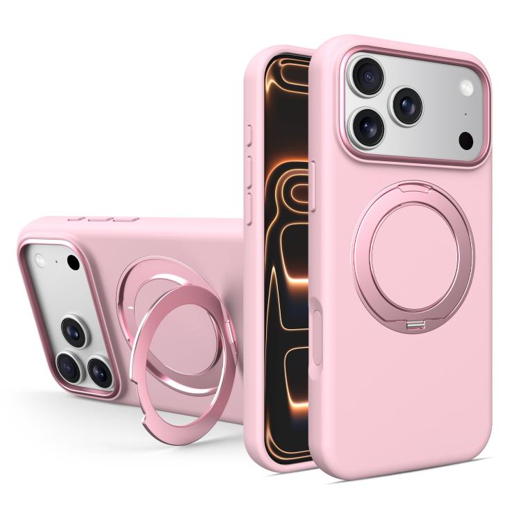 For iPhone 17 Pro Liquid Silicone Magnetic Phone Case with Rotating Stand(Pink)