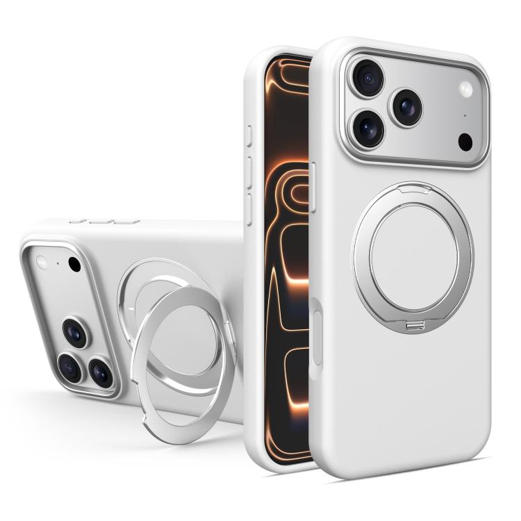 For iPhone 17 Pro Liquid Silicone Magnetic Phone Case with Rotating Stand(White)