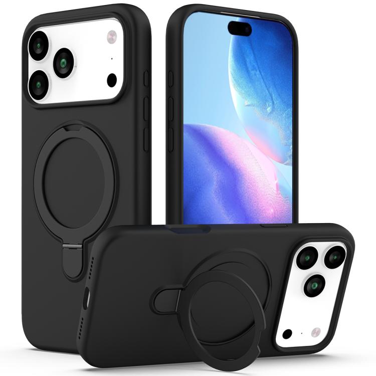 For iPhone 17 Pro Liquid Silicone MagSafe Magnetic Phone Case with Ring Holder(Black)