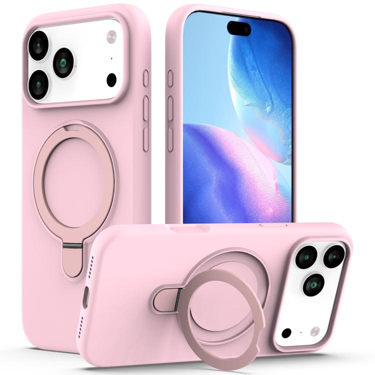 For iPhone 17 Pro Liquid Silicone MagSafe Magnetic Phone Case with Ring Holder(Grey Pink)