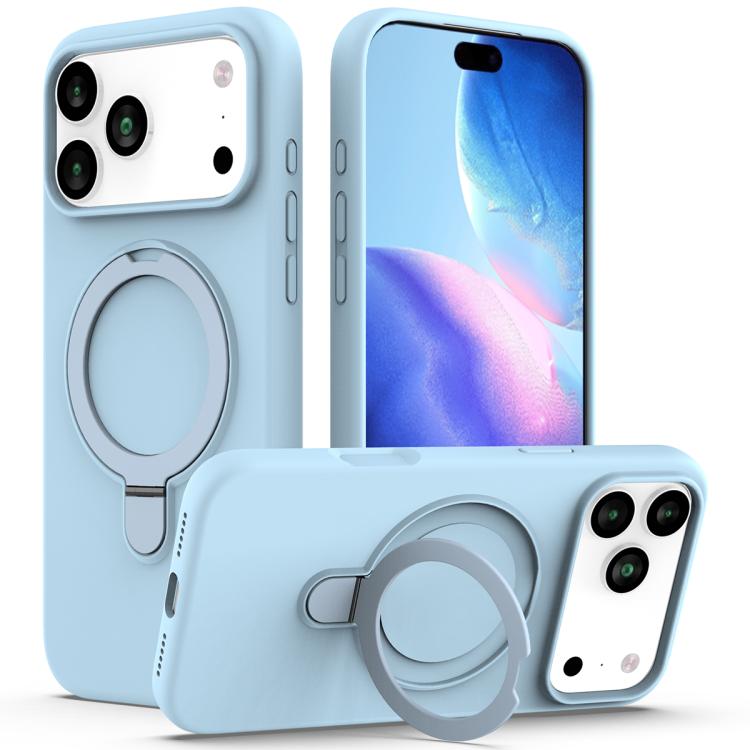 For iPhone 17 Pro Liquid Silicone MagSafe Magnetic Phone Case with Ring Holder(Sky Blue)