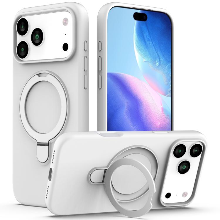 For iPhone 17 Pro Liquid Silicone MagSafe Magnetic Phone Case with Ring Holder(White)