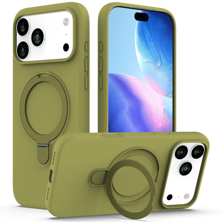 For iPhone 17 Pro Liquid Silicone MagSafe Magnetic Phone Case with Ring Holder(Willow Green)