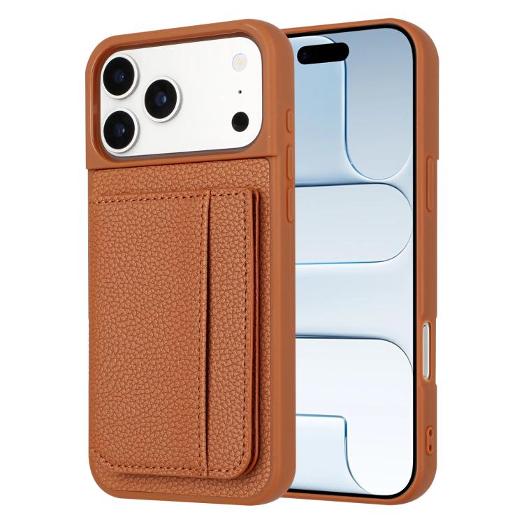 For iPhone 17 Pro Litchi Pattern Magnetic Card Bag Holder Phone Case(Brown)