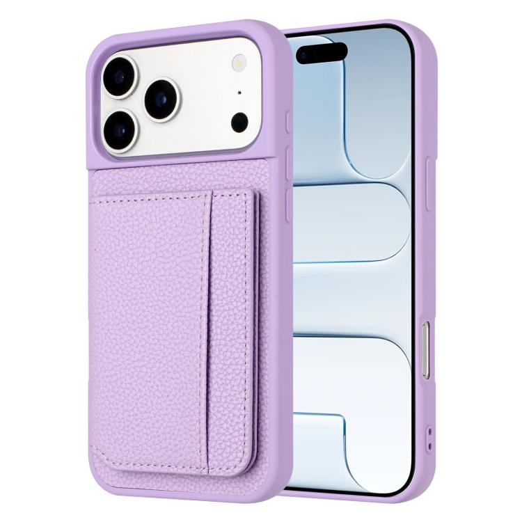 For iPhone 17 Pro Litchi Pattern Magnetic Card Bag Holder Phone Case(Purple)