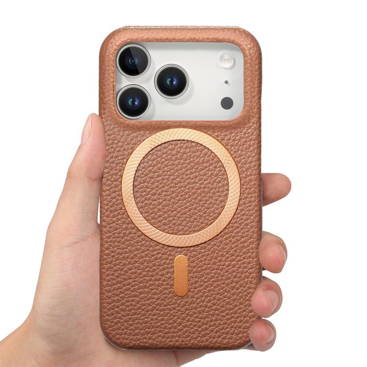 For iPhone 17 Pro Litchi Texture Brushed MagSafe PU Back Cover Phone Case(Brown)