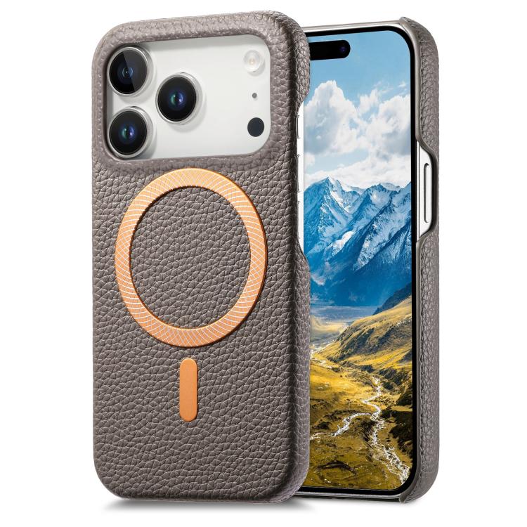 For iPhone 17 Pro Litchi Texture Brushed MagSafe PU Back Cover Phone Case(Gray)