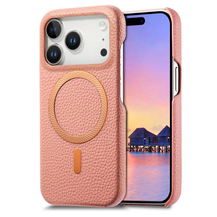 For iPhone 17 Pro Litchi Texture Brushed MagSafe PU Back Cover Phone Case(Pink)