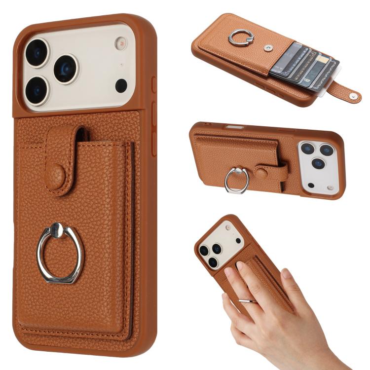 For iPhone 17 Pro Litchi Texture Drawing Card Bag Ring Holder Phone Case(Brown)