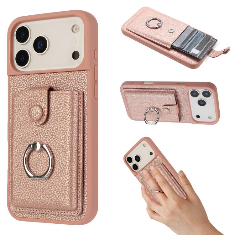 For iPhone 17 Pro Litchi Texture Drawing Card Bag Ring Holder Phone Case(Rose Gold)