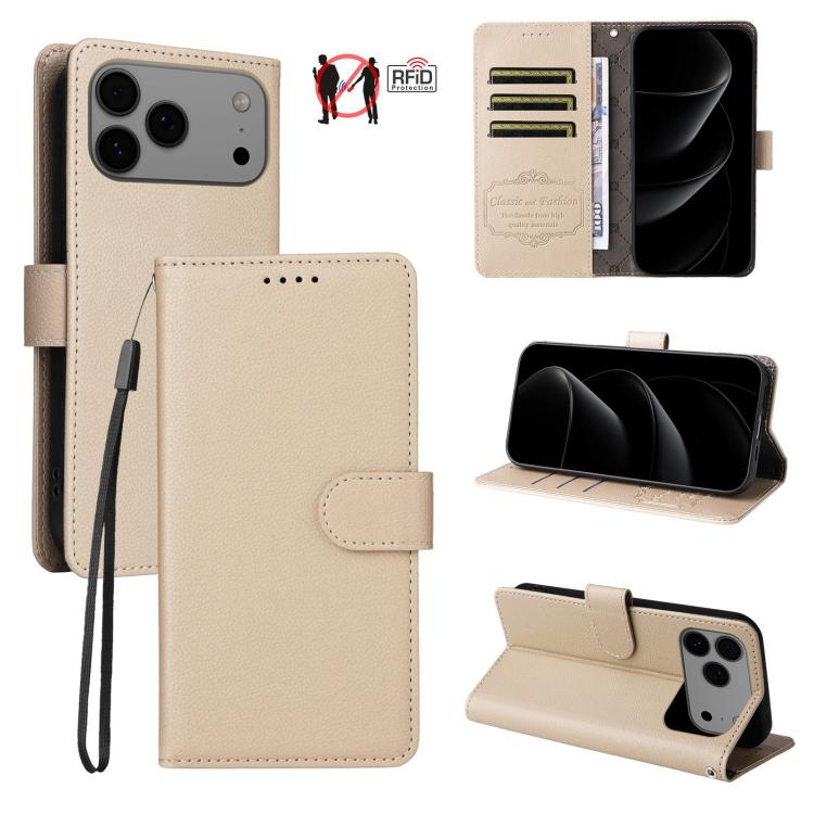 For iPhone 17 Pro Litchi Texture RFID Blocking 3-Card Wallet Leather Phone Case(Beige)