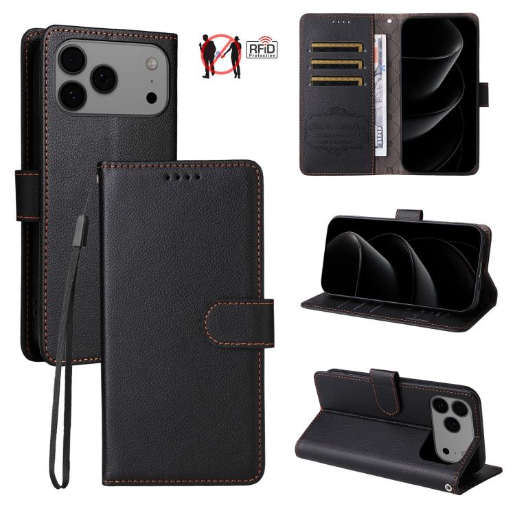 For iPhone 17 Pro Litchi Texture RFID Blocking 3-Card Wallet Leather Phone Case(Black)