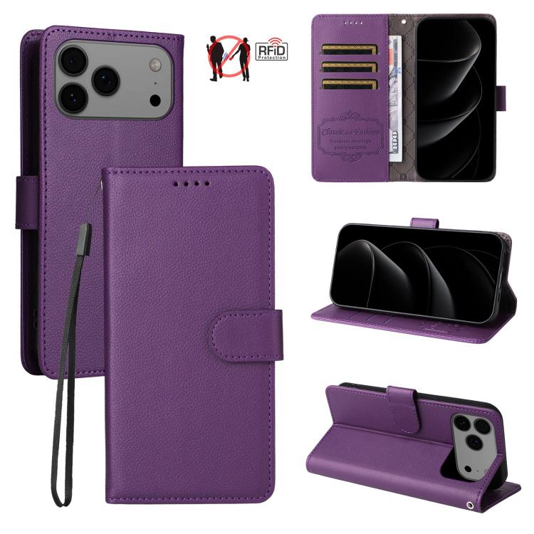 For iPhone 17 Pro Litchi Texture RFID Blocking 3-Card Wallet Leather Phone Case(Purple)