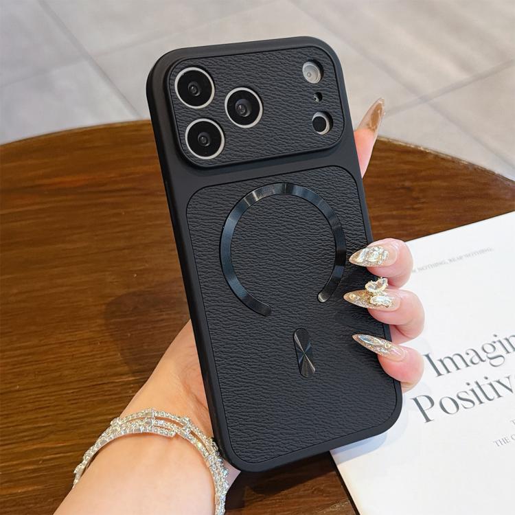 For iPhone 17 Pro Litchi Texture Vegan Leather Magnetic Phone Case(Black)