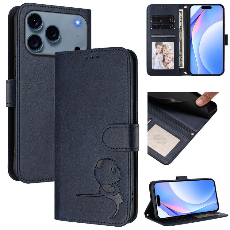 For iPhone 17 Pro Litter Panda Embossing RFID Leather Phone Case with Lanyard(Blue)