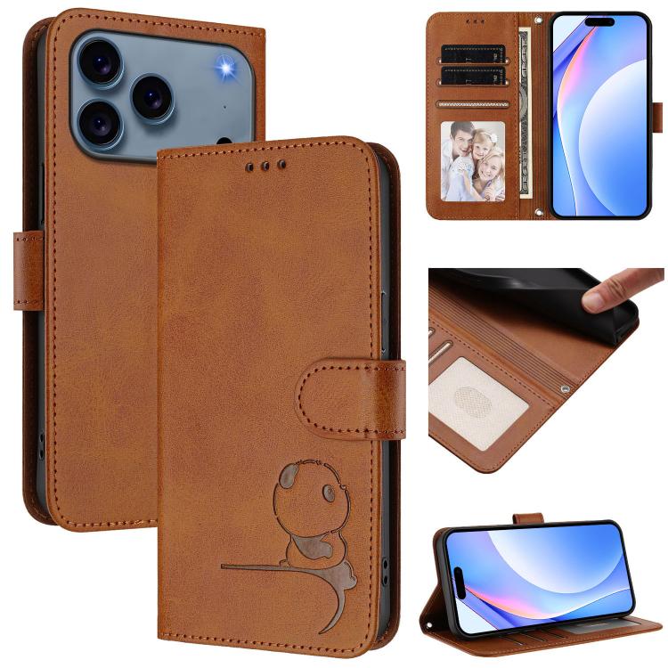 For iPhone 17 Pro Litter Panda Embossing RFID Leather Phone Case with Lanyard(Brown)