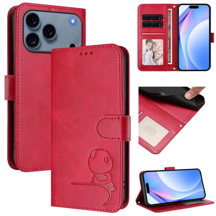 For iPhone 17 Pro Litter Panda Embossing RFID Leather Phone Case with Lanyard(Rose Red)