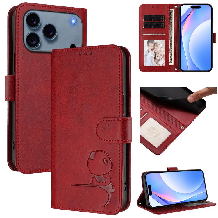 For iPhone 17 Pro Litter Panda Embossing RFID Leather Phone Case with Lanyard(Wine Red)