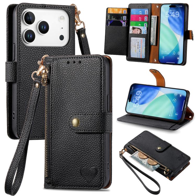 For iPhone 17 Pro Love Zipper Lanyard Leather Phone Case(Black)