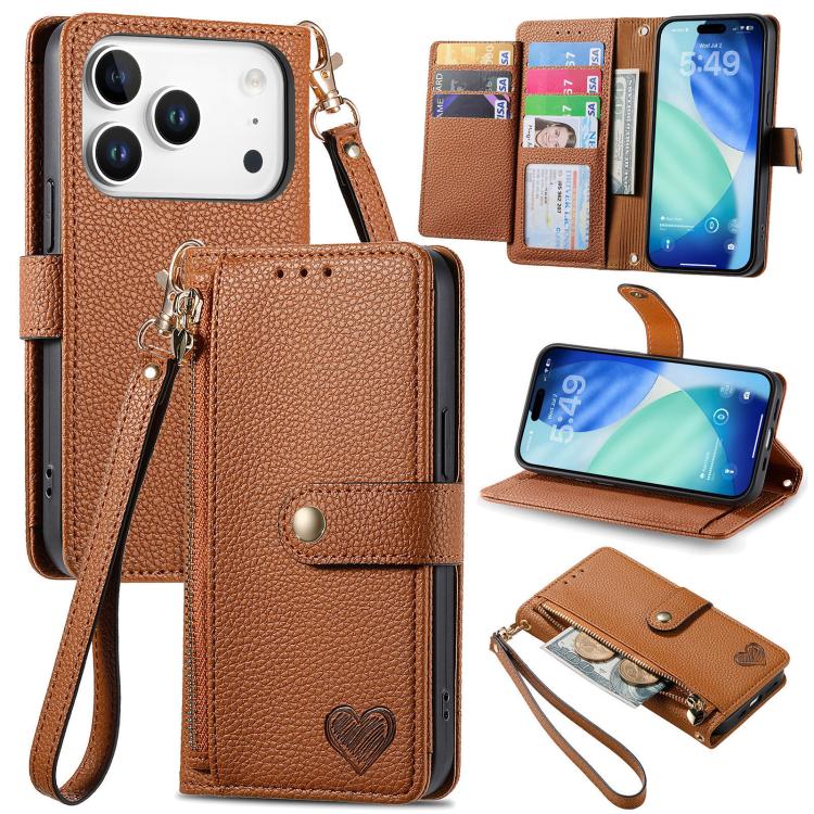 For iPhone 17 Pro Love Zipper Lanyard Leather Phone Case(Brown)