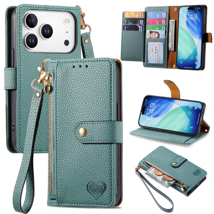 For iPhone 17 Pro Love Zipper Lanyard Leather Phone Case(Green)