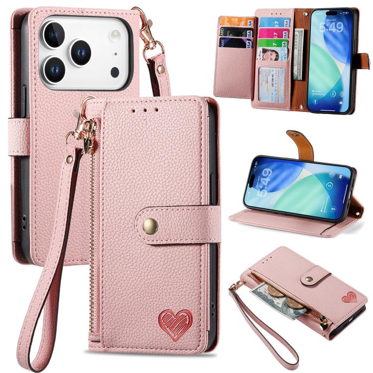 For iPhone 17 Pro Love Zipper Lanyard Leather Phone Case(Pink)