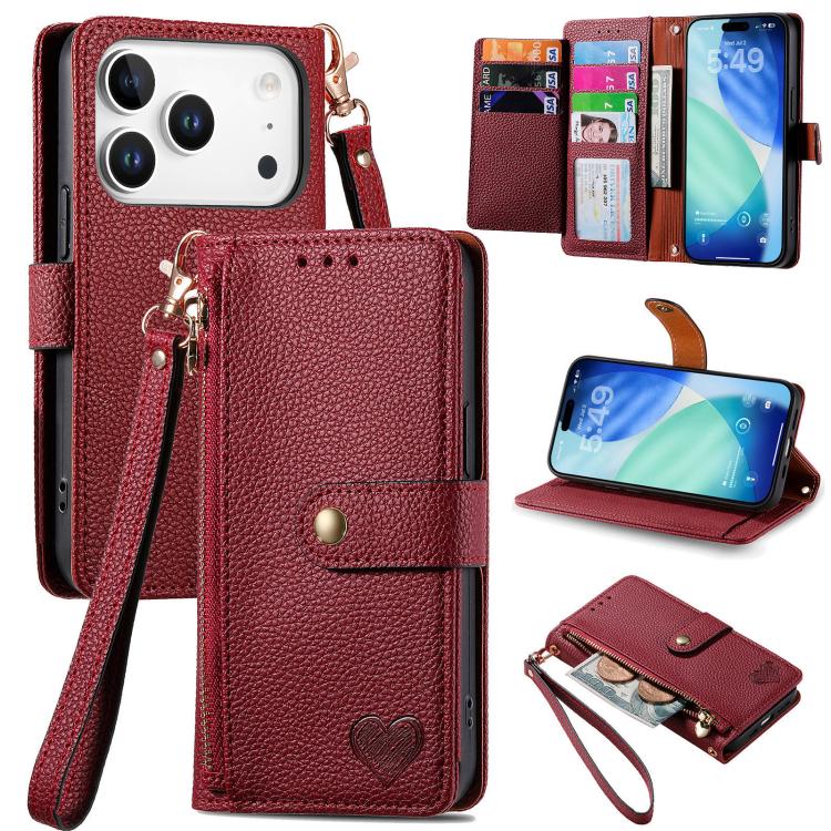 For iPhone 17 Pro Love Zipper Lanyard Leather Phone Case(Red)