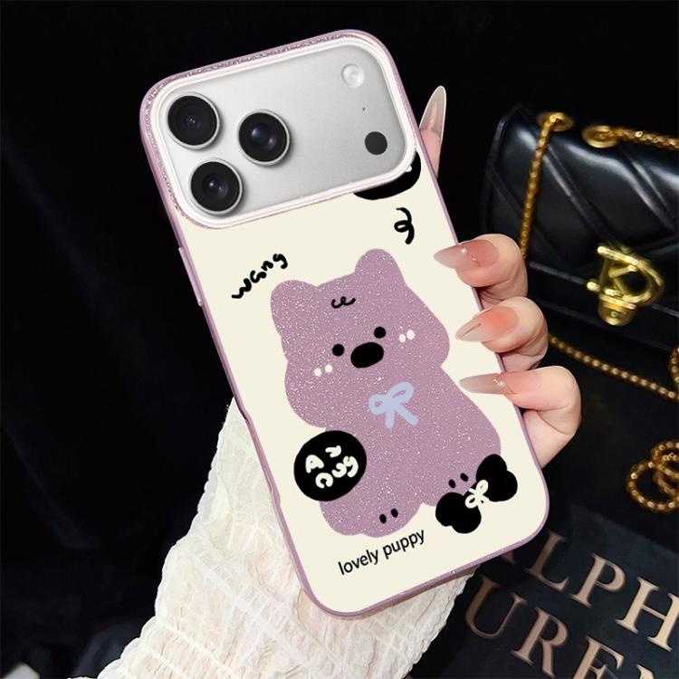 For iPhone 17 Pro Lovely Puppy Pattern IMD Glitter PC Hybrid TPU Phone Case(Purple)