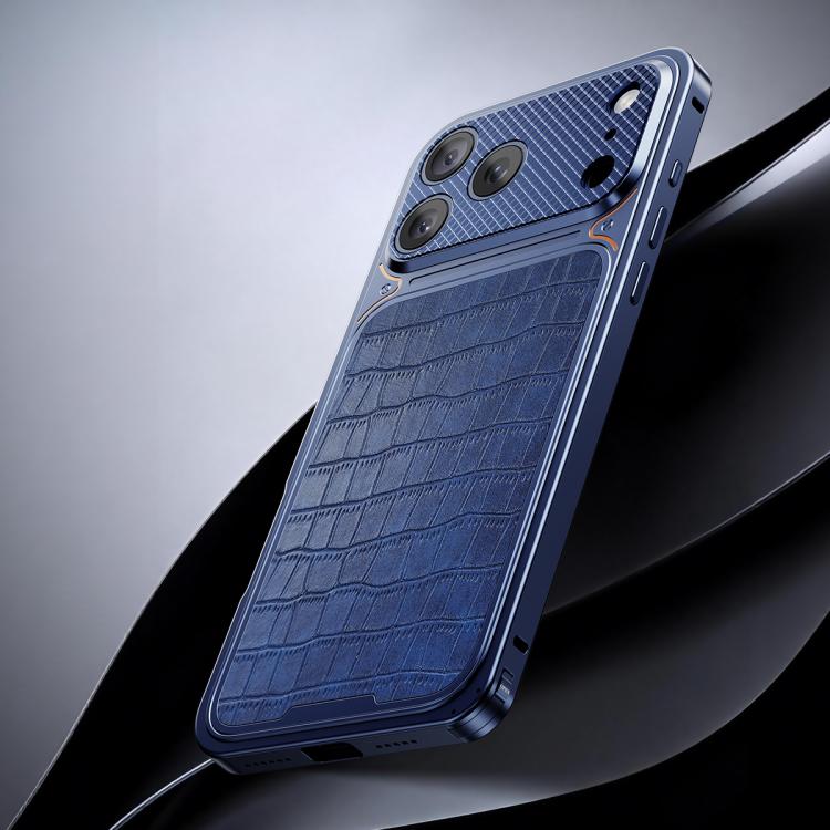 For iPhone 17 Pro Luxury Leather-Texture Magnetic Metal Phone Case with Spring Buckle(Blue)